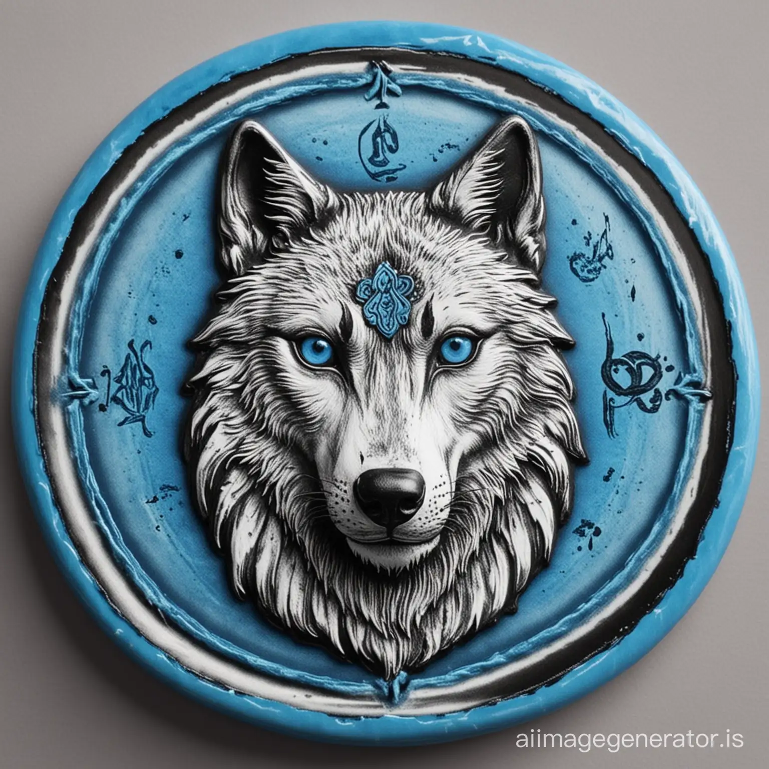 blue-black-white round seal with a wolf's head