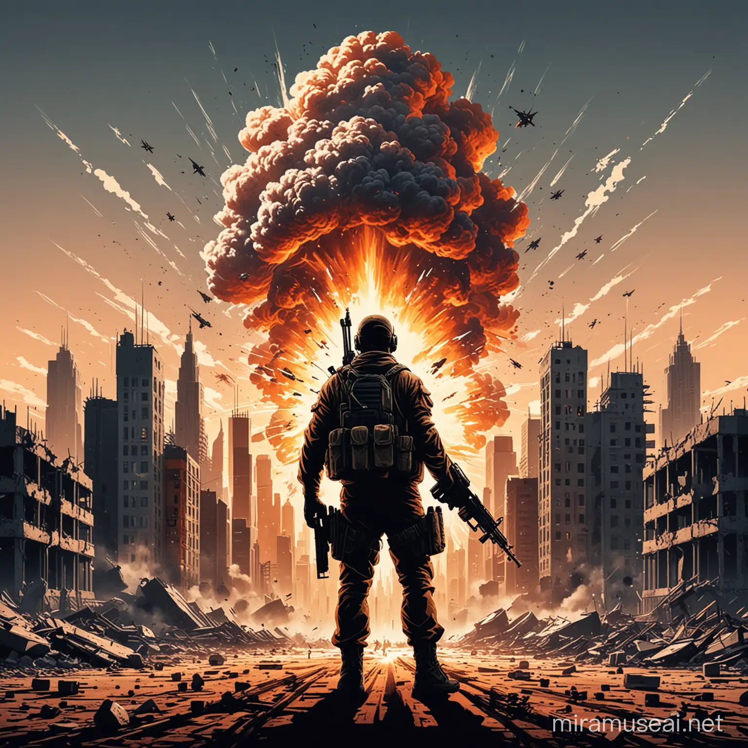 vector logo man with assault rifle standing behind him big explosion of buildings, 