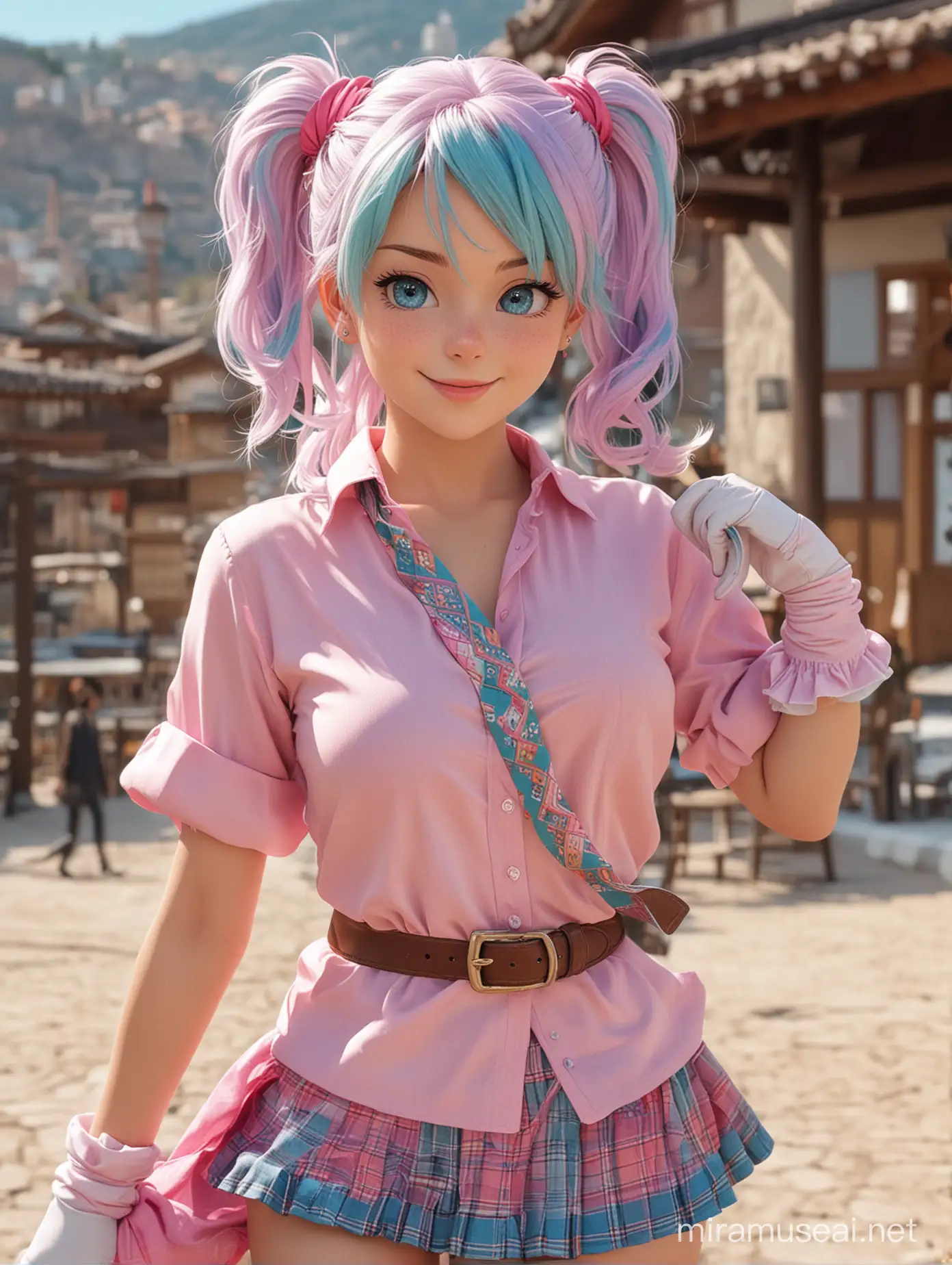 a cute girl,perfect face, medium breasts,detailed background,extremely detailed cg unity 8k wallpaper,highres,shiny skin,<lora:GoodHands-vanilla:1>,<lora:add_detail:0.6>, <lora:bulma_9:0.6>,dragon ball, blue eyes, blmpony, aqua hair, hair ribbon, braided ponytail, pink shirt, belt, scarf, pink skirt, clothes writing, brown gloves,outdoor,smile,fullbody, outdoor, ((skirt lift:1.2, bottomless:1.2, pussy:1.2))