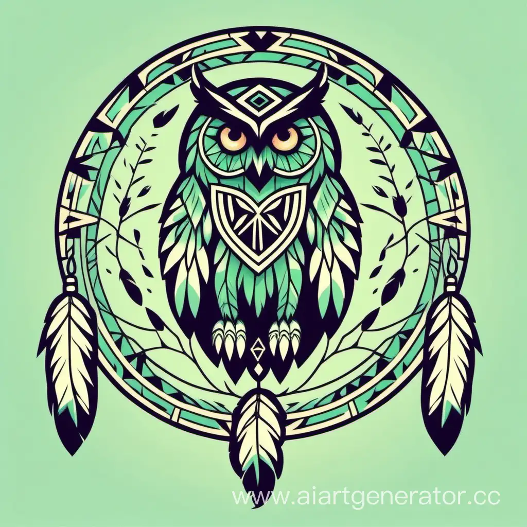 логотип в индейском стиле с совой и ловцом снов зеленого пастельного цвета