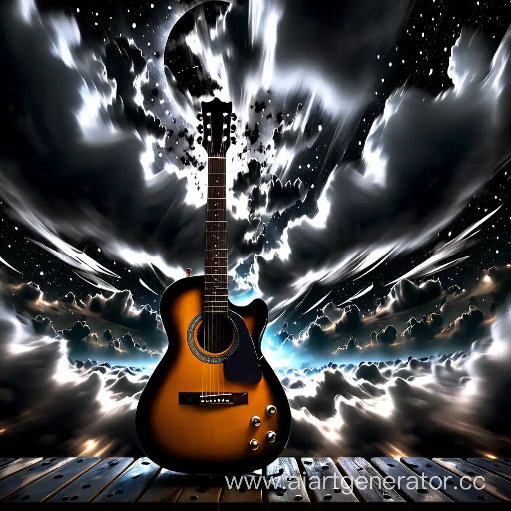 Гитара на фоне звездного нема и черных облаков