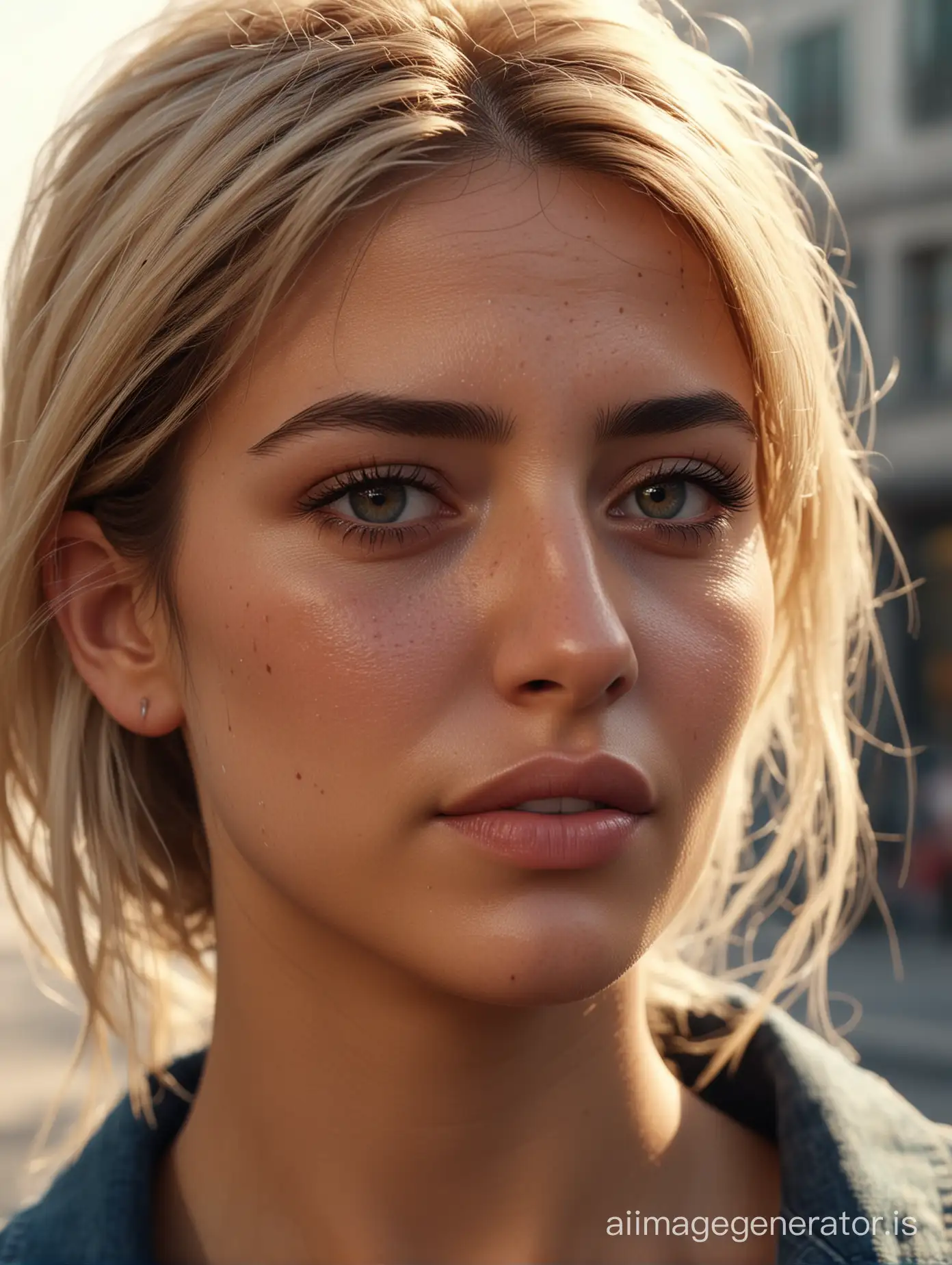 A photo of a common Portuguese female, beautiful, by modern buildings in Parque das Nações, surprisingly realistic skin, detailed face with wrinkles, skin pores glistening, hard light, normal and very realistic eyes with a sleepy gaze, detailed lips are parted, ; detailed blonde hair strands glistening, , octane render, 8k, bokeh, cinematic, sparks, soft shadows, creamy highlights, gritty, extremely detailed: 120