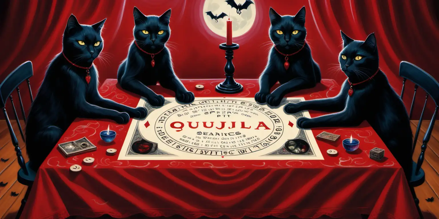 a painting of 3 black cats sitting at a table that has a red table cloth on it. there is a spirit board - ouija board on the table, the cats have their paws on the spirit-ouija board during a seance