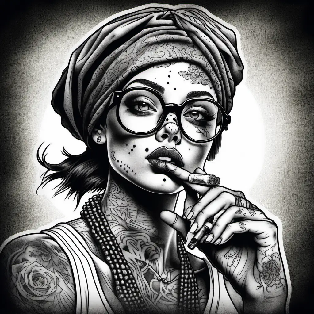 detailed black and white drawing of an attractive woman with freckles, wearing large round glasses, a bandana on her head, tattoos all over her face, smoking a cigarette, looking straight ahead, in the style of old school tattoo art --ar 73:105 --stylize 750
