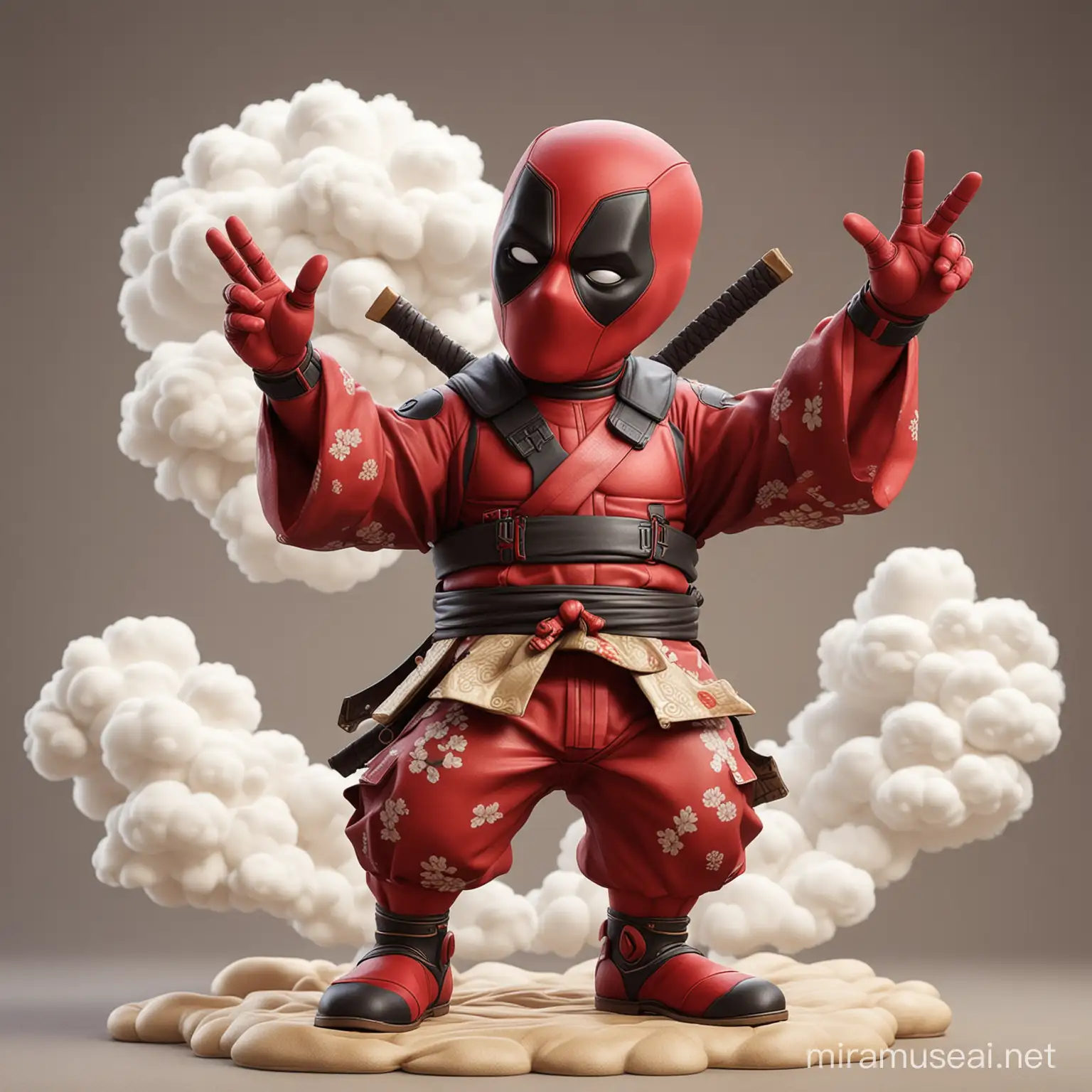 3d caricature of deadpool with big head doing cute peace hand and one leg up in traditional japanese clothing with japanese art wave and cloud in thebackground