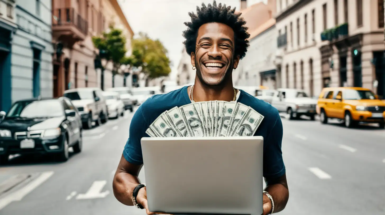 happy man holding a computer and a stack of cash money standing on the street





