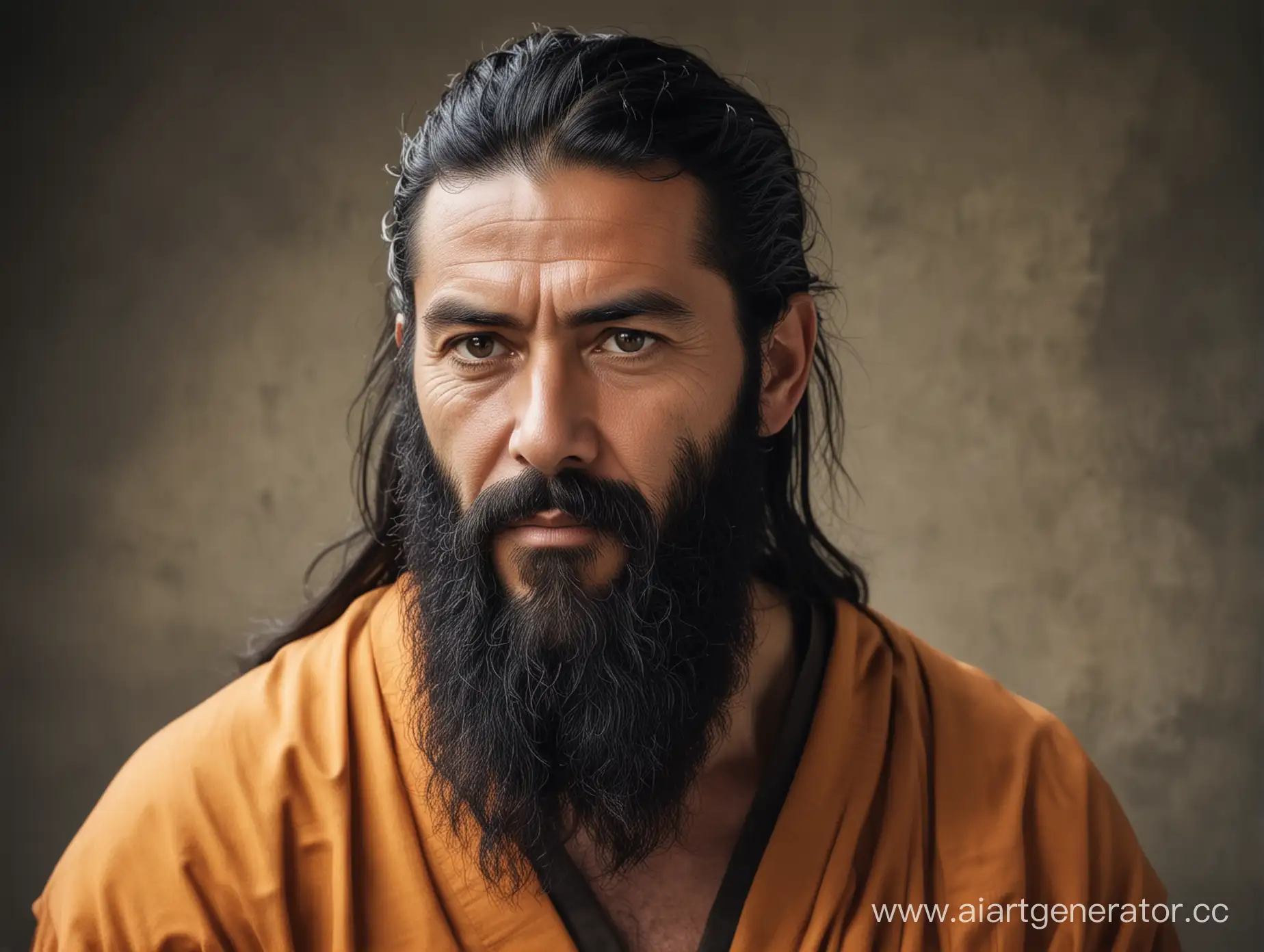 Мужчина лет 50, монах воин, с черной бородой и длинными волосами