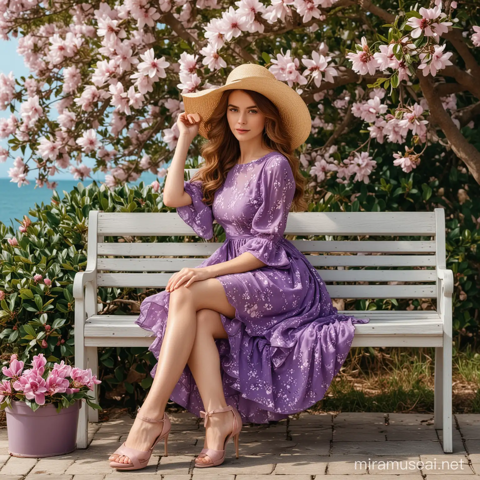 Красивая девушка с каштановыми пышными волосами в красивом фиолетовом платье в изящной шляпке и туфельках отдыхает на скамейке под кустом цветущей магнолии у моря.