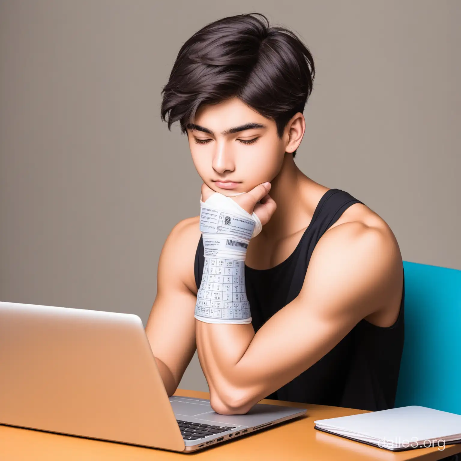 student sitting on laptop checking his college attendance with his arm in a cast 