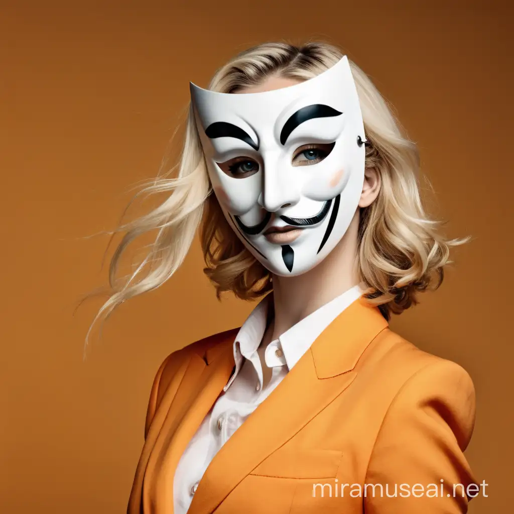 una mujer rubia con traje naranja y la mascara de teatro.