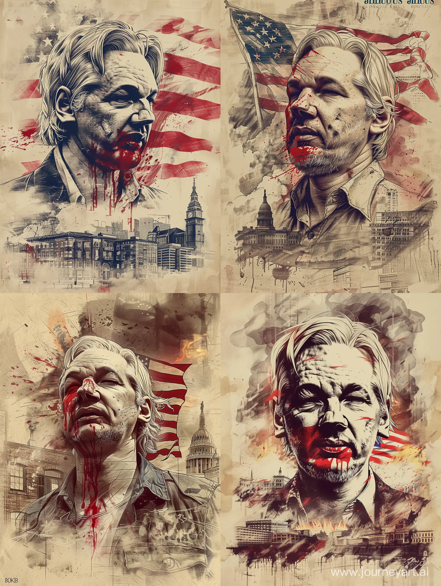 poster, loose sketch portrait of Julius Assange, Mouth closed with bloody US flag, influence of tolouse lautrec, background of old buildings or US War crimes or Exposing US crimes, historical objects or fire or clouds or something extraordinary and inspiring but blurred, 8k --ar 3:4 --stylize 200 --v 6