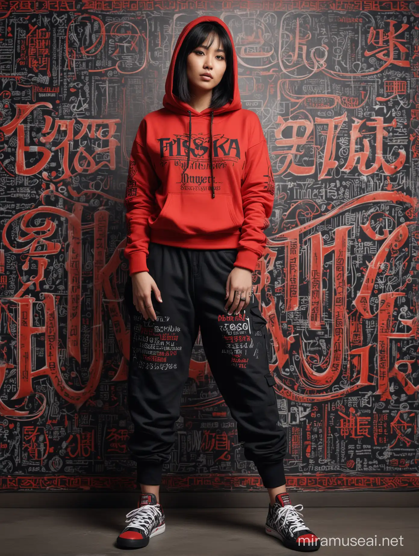 lissajous in the form of complicated FRISKA text, complicated FRISKA text, red and black, very beautiful fat Asian girl, cool expression, few tattoos, black bracelet, wearing a hoodie ("FRISKA") metal screen printing that says ("FRISKA"), long cargo pants, senaekers shoes, background with lots of lissajous shaped text ("FRISKA") complicated metal, complicated gothic, dramatic colorful light, hyper realistic , sharp focus makes the image very detailed , aesthetics, sharp contrast , 64k megapixels, ultra HD