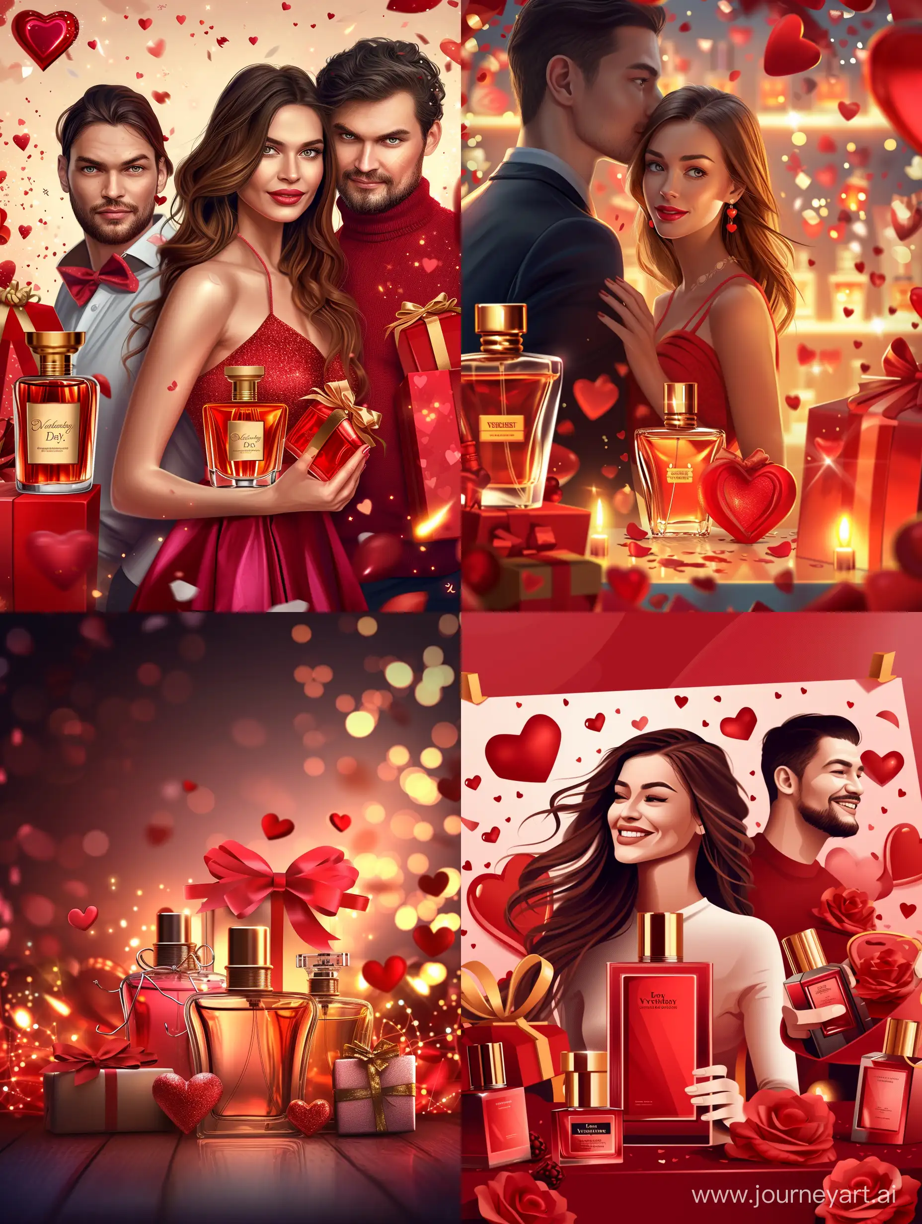 Valentine's Day, festive atmosphere, beautiful perfume bottles, gifts, cosmetics, beautiful background, woman and man, realistic, detailed