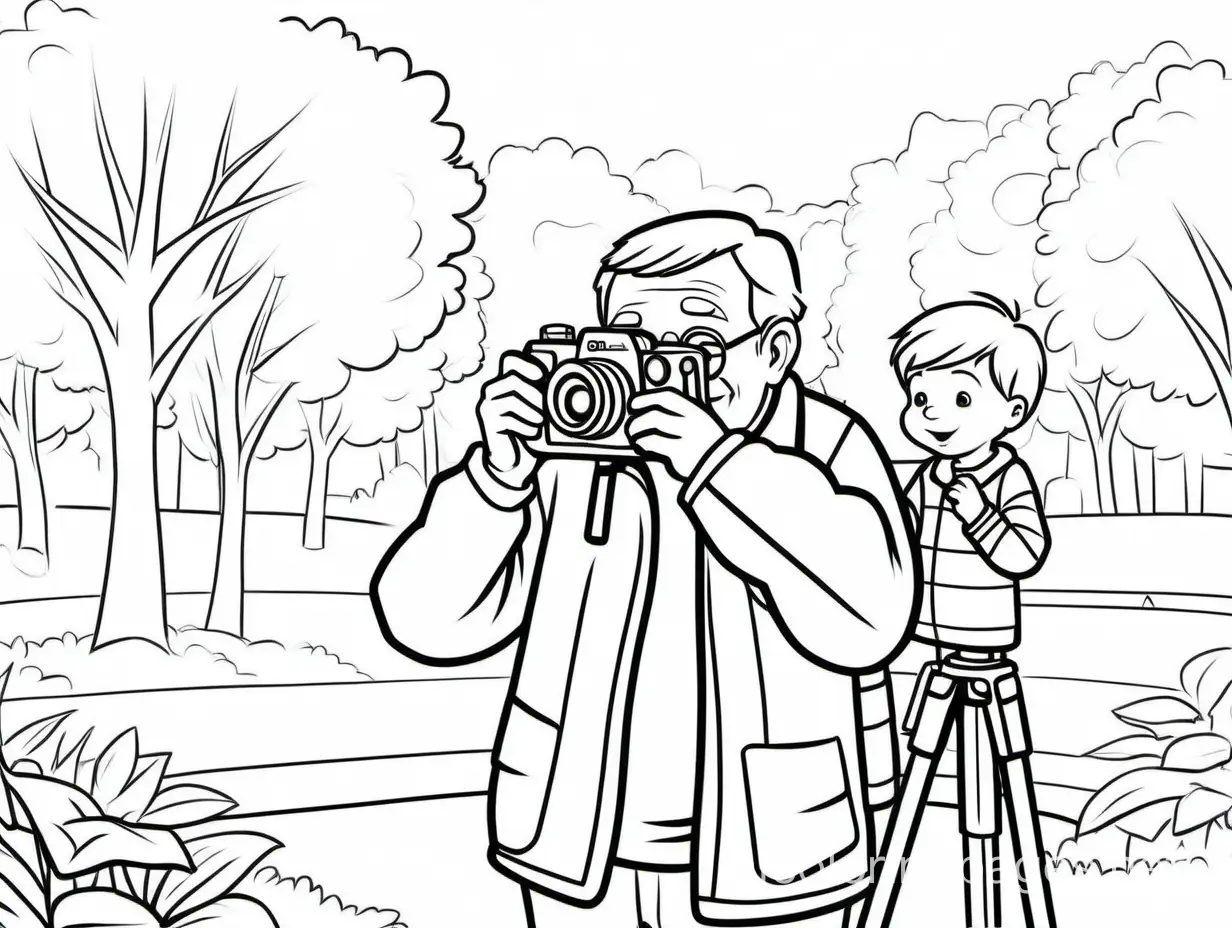 grandpa and small boy both with a camera 
taking photos in a park 

, Coloring Page, black and white, line art, white background, Simplicity, Ample White Space. The background of the coloring page is plain white to make it easy for young children to color within the lines. The outlines of all the subjects are easy to distinguish, making it simple for kids to color without too much difficulty