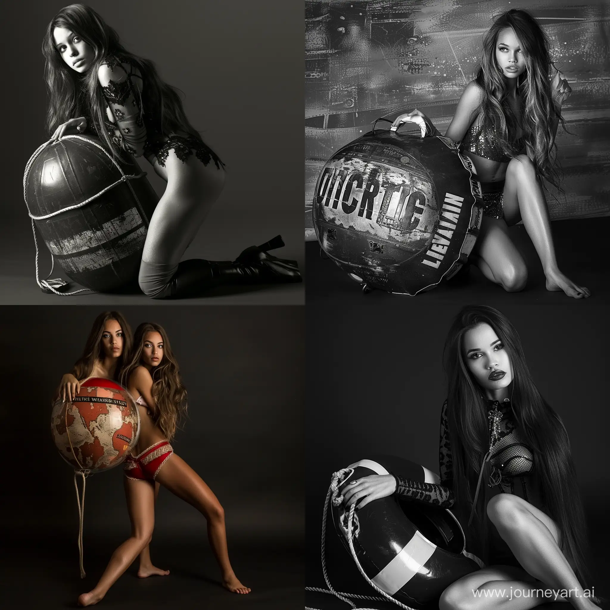 Generate a glamour shot of a girl who is also a top model, featuring her long hair, legs, and whole body. In the image, the girl is elegantly posing with an emergency buoy, exuding beauty and grace.