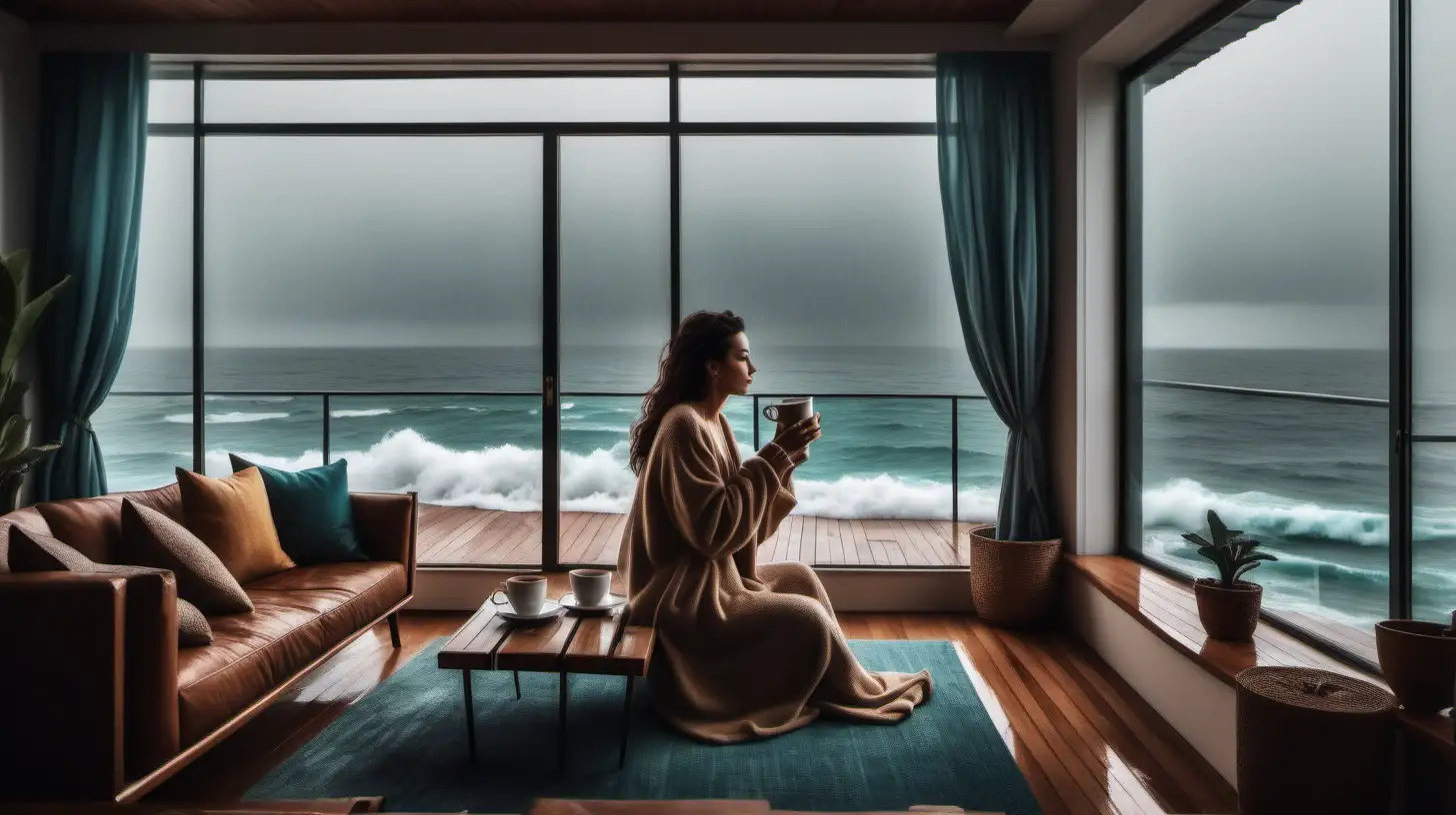 미학적이고 아주 매력적인 living room, view of ocean,raining outside, inside one beautiful lady drinking coffee and listen music