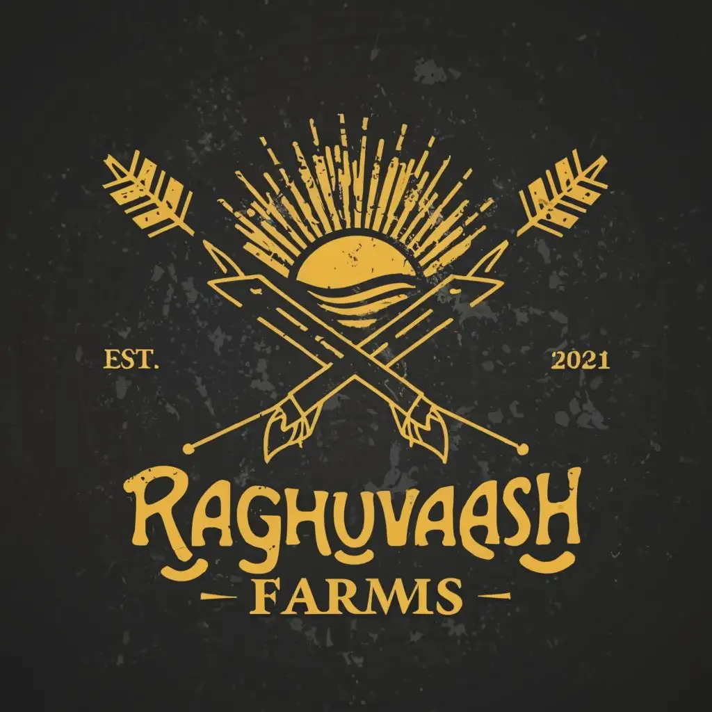 logo, Bow arrow sun, with the text "Raghuvash farms", typography