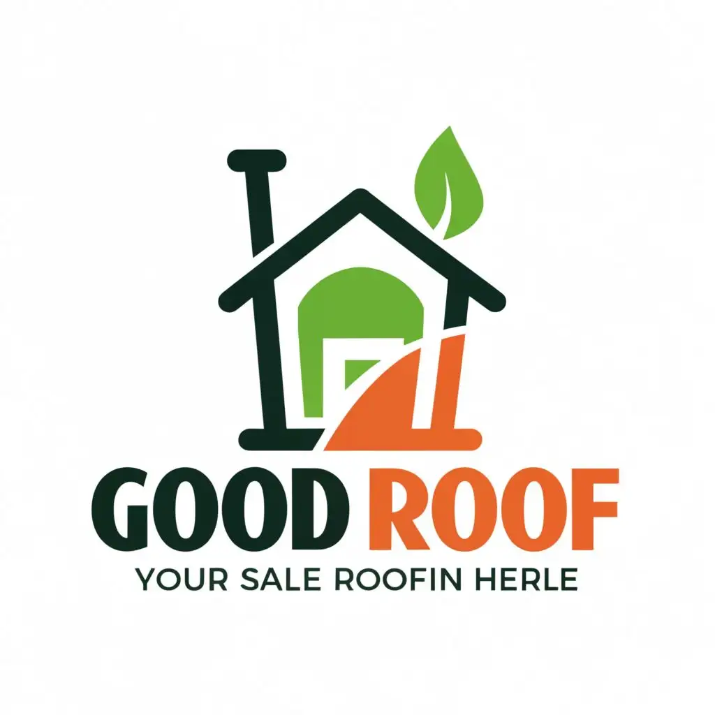 a logo design,with the text "good roof", main symbol:house, roof. green, orange, black. sale of roofing materials,Minimalistic,clear background