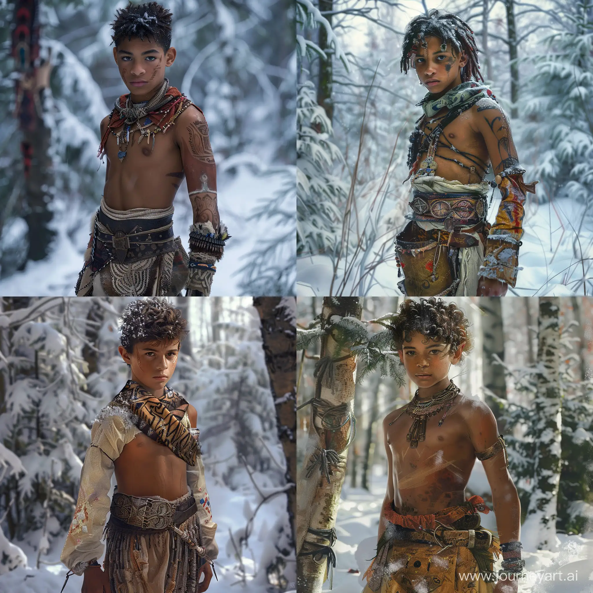 A young, 15 years old argonian in the snowy forest. He wears a waist belt and tribal clothes.