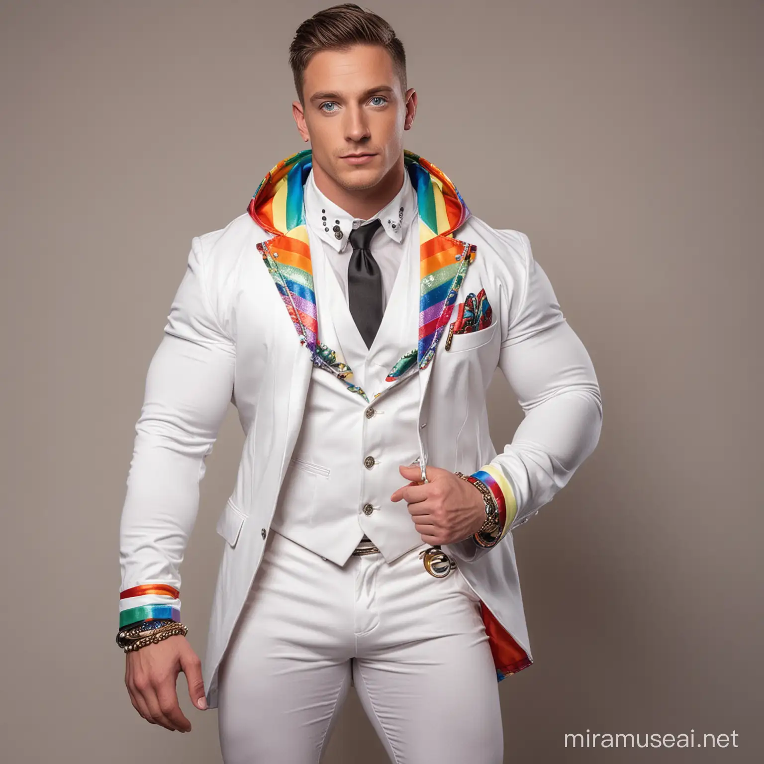 Muscular White Male Bodybuilder in Rainbow Pride Steampunk Tuxedo Poses for YouTube Video Selfie