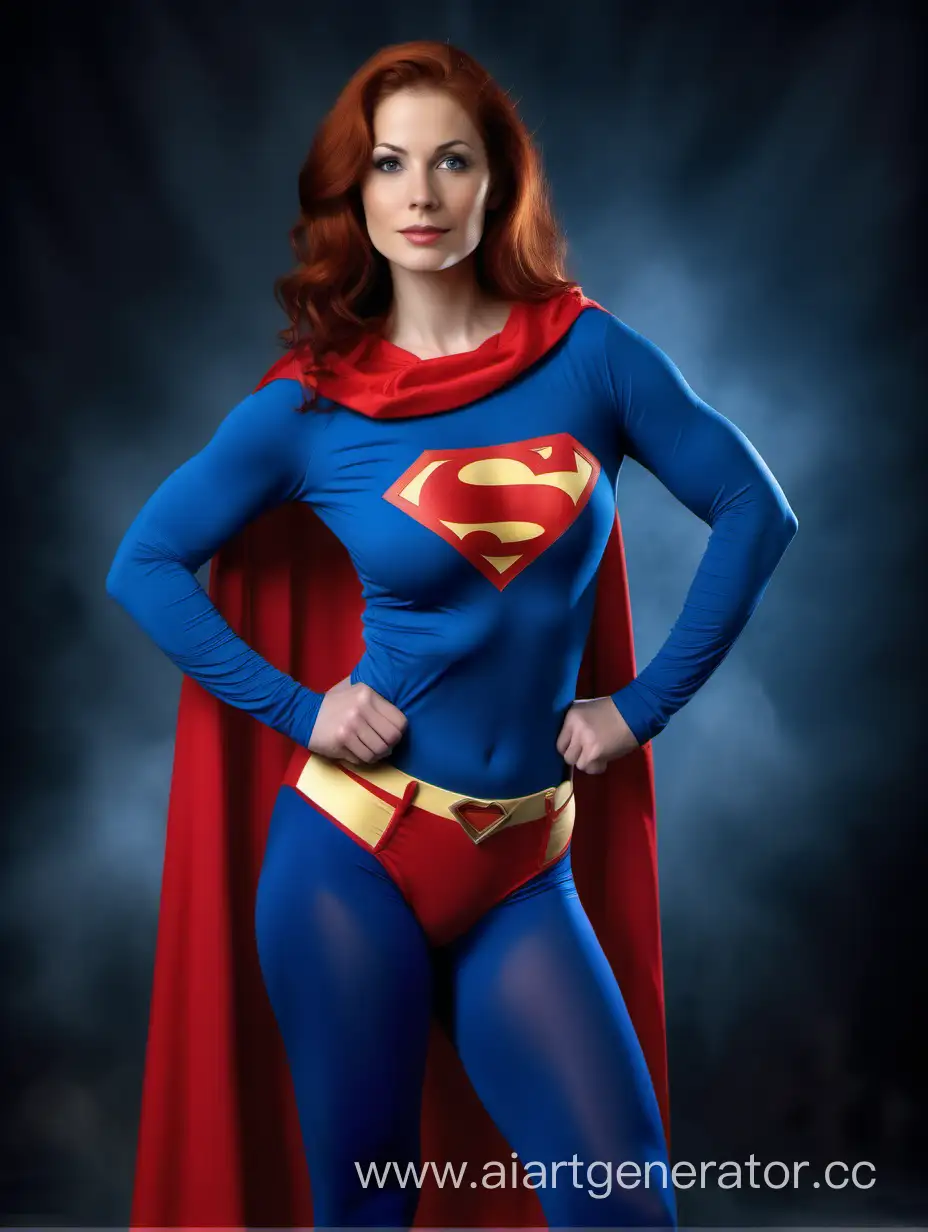 Confident-30YearOld-Woman-Posed-as-Powerful-Superhero-in-Soft-Cotton-Superman-Costume