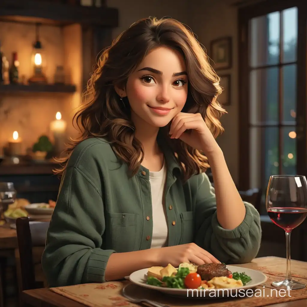 Cozy Home Dinner Scene with Content Girl No Wine Glass