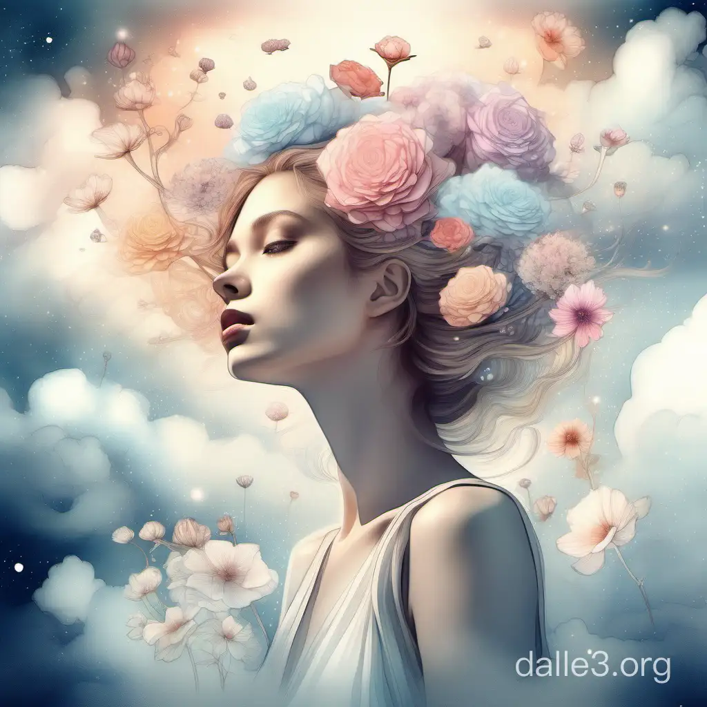 stylish fantasy composition beautiful girl with a cloud of thoughts above her head, flowers blooming in the cloud, watercolor, delicate pastel,&EA, illustration, surreal art, concept-art, artstation,white+multicolour,stardust, high detail, hyperrealism, realistic lighting, 8k, HD, transparent, clear drawing of lines, clear focus