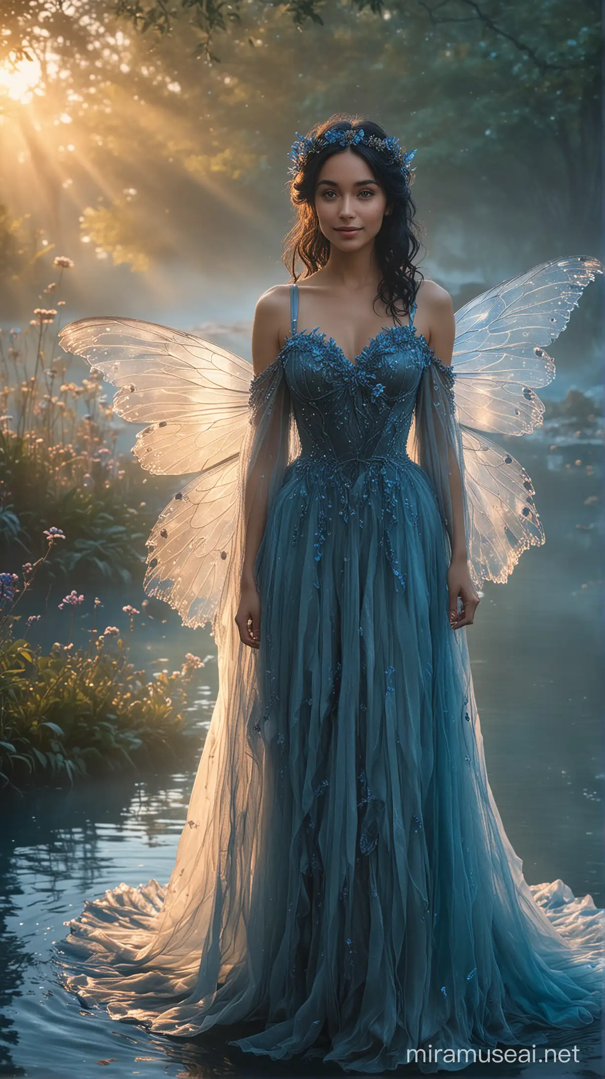 Hyper-realistic photo of beautiful fairy. Subject has huge real fairy wings. Subject has raven-black hair. Subject is wearing a very long flowering gown. Subject is in an enchanted forest. Subject is smiling at the camera. Crystal clear blue lagoon. Fog, sunset glow. Blurred background. High definition, raw style.