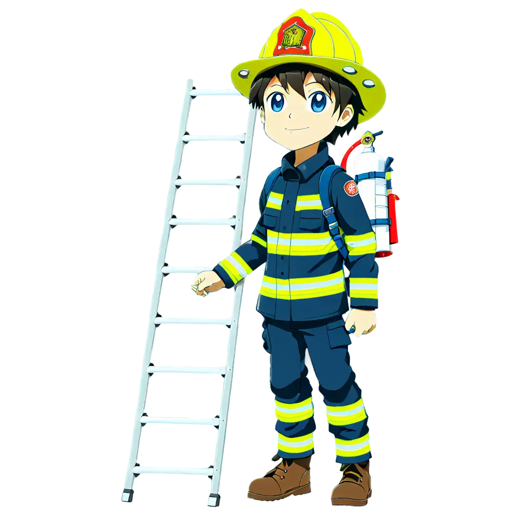 Firefighter kid anime on the ladder


