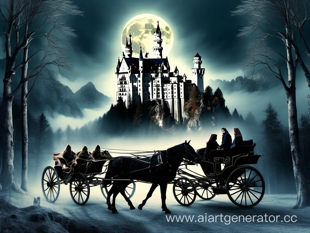 Enchanting-Night-at-Neuschwanstein-Castle-Moonlit-Forest-Wolves-and-Royal-Carriage