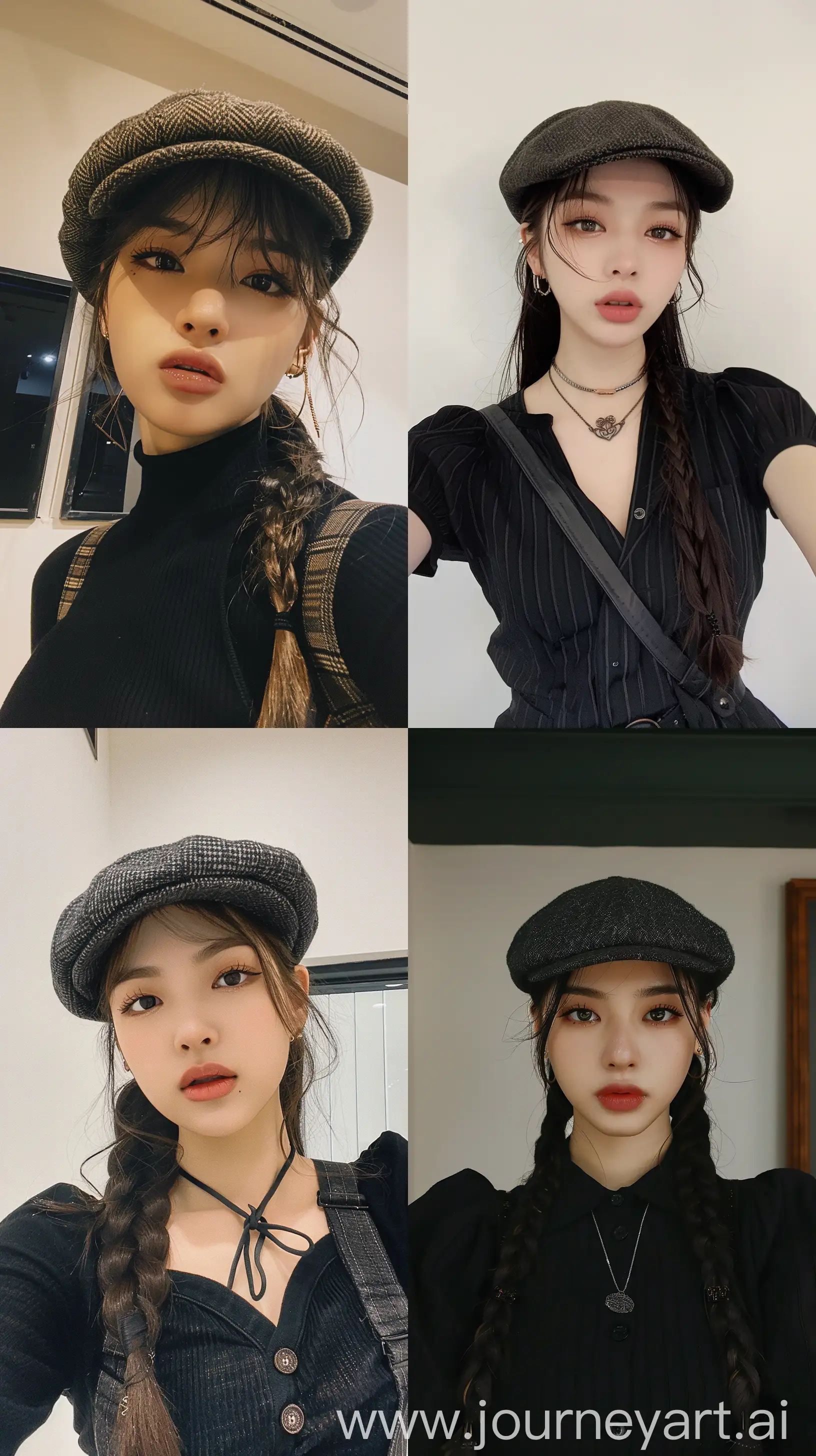a blackpink's jennie,aestethic selfie, wearing cute black clothes, aestethic make up,hotly, wearing stylish flat cap --ar 9:16