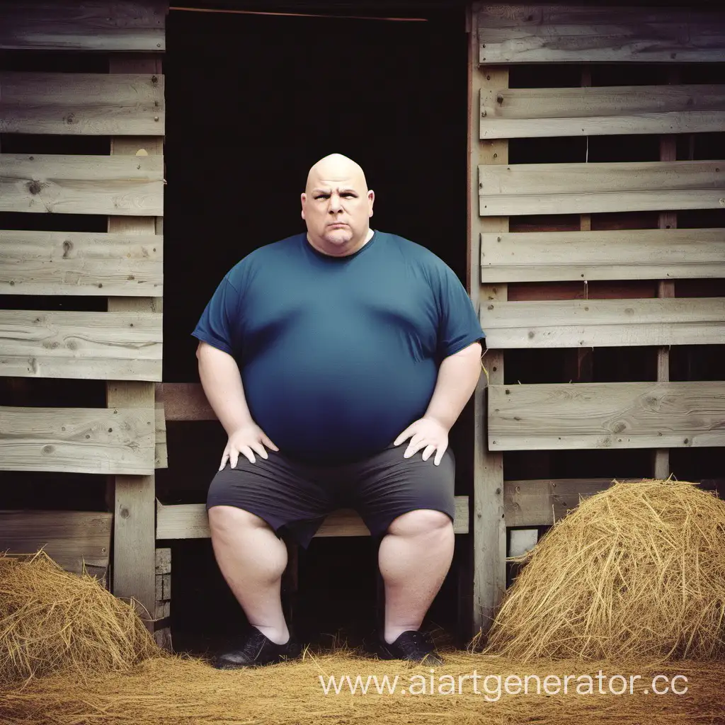 Толстый лысый мужик  сидит в сарае