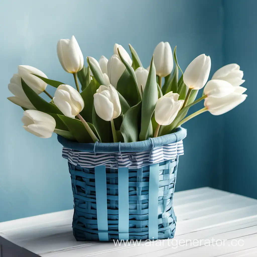 небольшой букет белых тюльпанов, которые лежат в корзинке, светлая комната в голубых оттенках наполненная солнечным светом