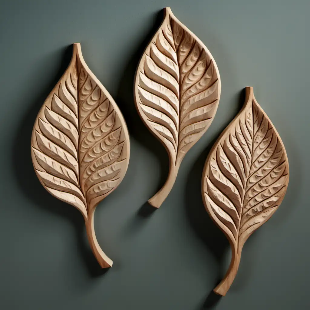 Set of 3 Small Wooden Carved Leaves Decoration