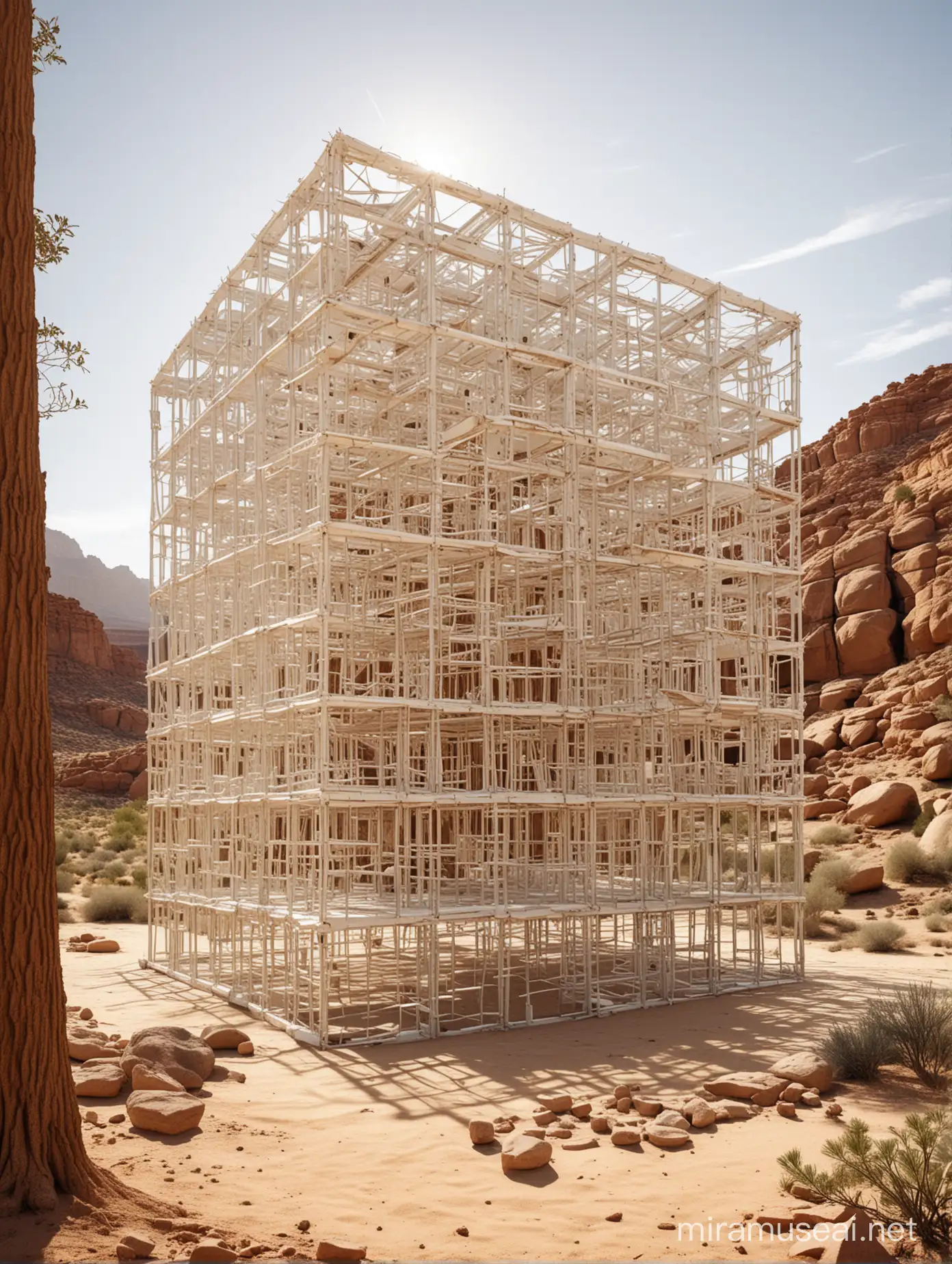 Desert Mirage White Cubic Wireframe Structure with Golden Highlights