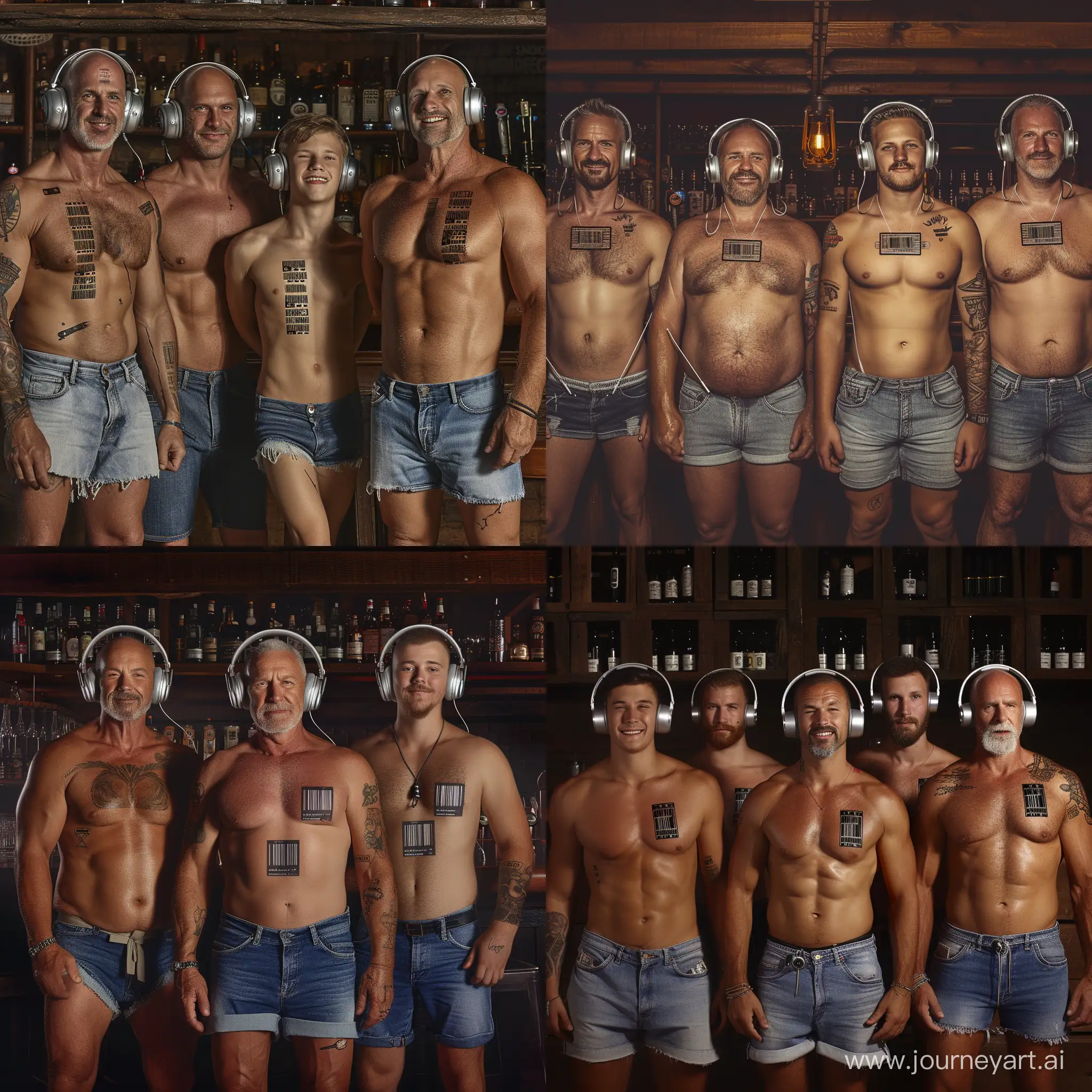 Muscular-Men-in-Denim-Shorts-and-Silver-Headphones-in-Australian-Pub-Setting