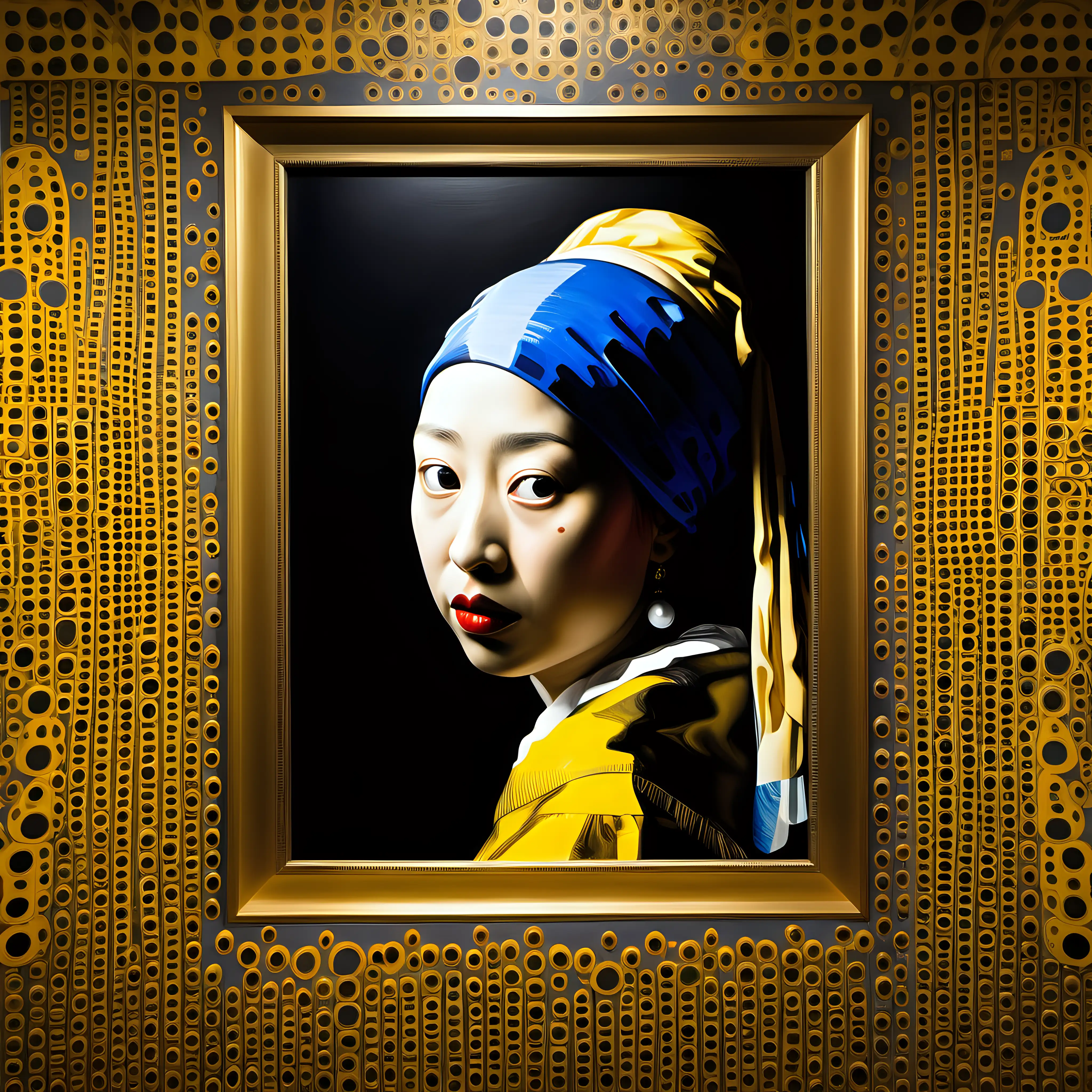 
In this collaborative masterpiece, envision the union of Johannes Vermeer's classical elegance and Yayoi Kusama's avant-garde dynamism, now enhanced with a compelling thematic element — faces without eyes, mouths, and noses. Vermeer's mastery of portraying intricate details and the interplay of light could breathe life into the classical foundation, where the absence of facial features creates an enigmatic and haunting atmosphere. Meanwhile, Kusama's bold use of color and repetitive patterns could take center stage, infusing the composition with a contemporary and visually stimulating edge.

Imagine a captivating scene where Vermeer's timeless elegance converges with Kusama's avant-garde approach, the faces rendered with deliberate omission, prompting viewers to question and interpret the mystery behind these absent features. The interplay between classical portraiture and contemporary abstraction serves as a metaphor for the complexities of human identity, inviting viewers into a dialogue about the fluid nature of self-expression and the evolving perceptions of individuality. This collaborative piece not only transcends eras but also delves into the realm of introspection, creating an unforgettable and thought-provoking artistic experience that resonates with the contemporary fascination with identity and the enigmatic nature of the human spirit. Do not include images of humans.