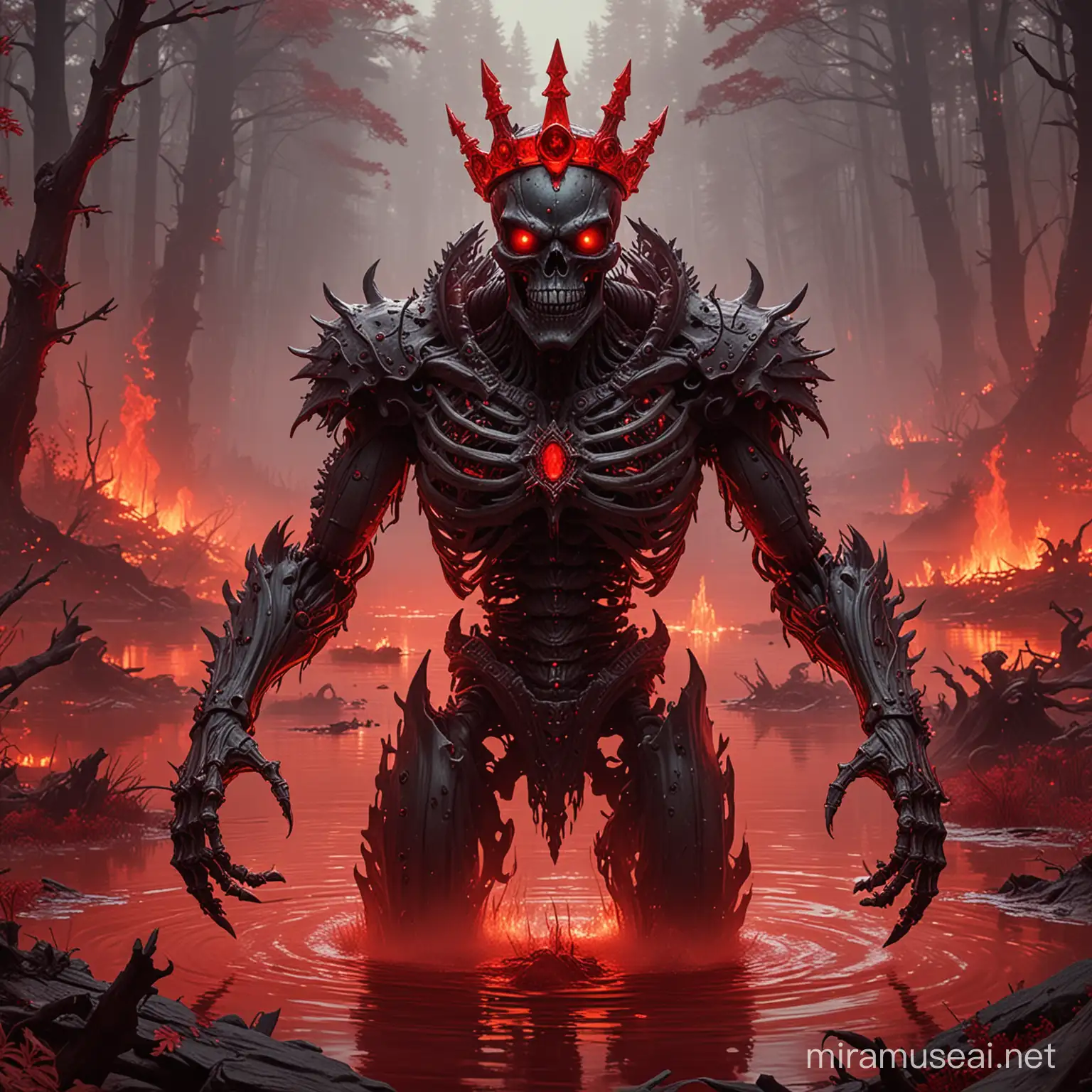 A Kaiju-sized scarlet skeleton with a demonic-looking maroon crown with a red eye jewel in the center standing in a blood-red lake, surrounded by a forest fire.