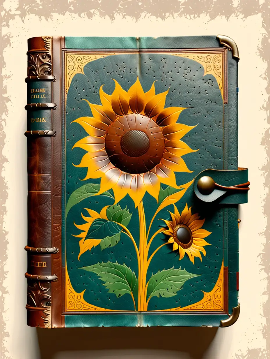 An antique, leather book styled with a color scheme and minimalist, hidden symbology of sunflower