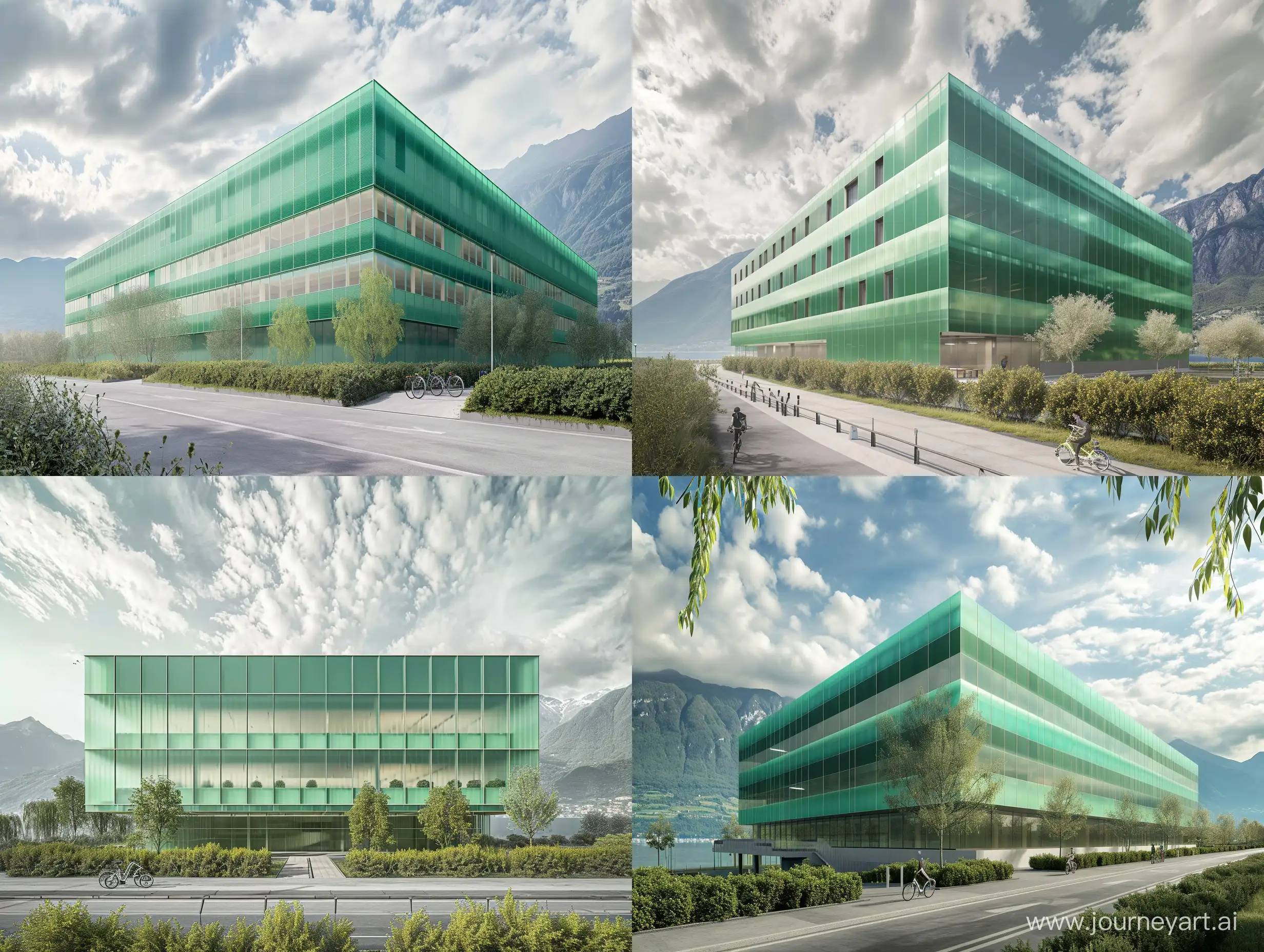 an exterior perspective render, render from a 3-floor rectangular sports complex building with 3 shades of green polycarbonate facade with all the windows at the center row completely at the middle of the building, near Lake Como in Lecco, with mountains at the back of the building, at the front, there is the pedestrian path and next to it there is bicycle line. trees and bushes next to the cycling path.sky full of clouds
