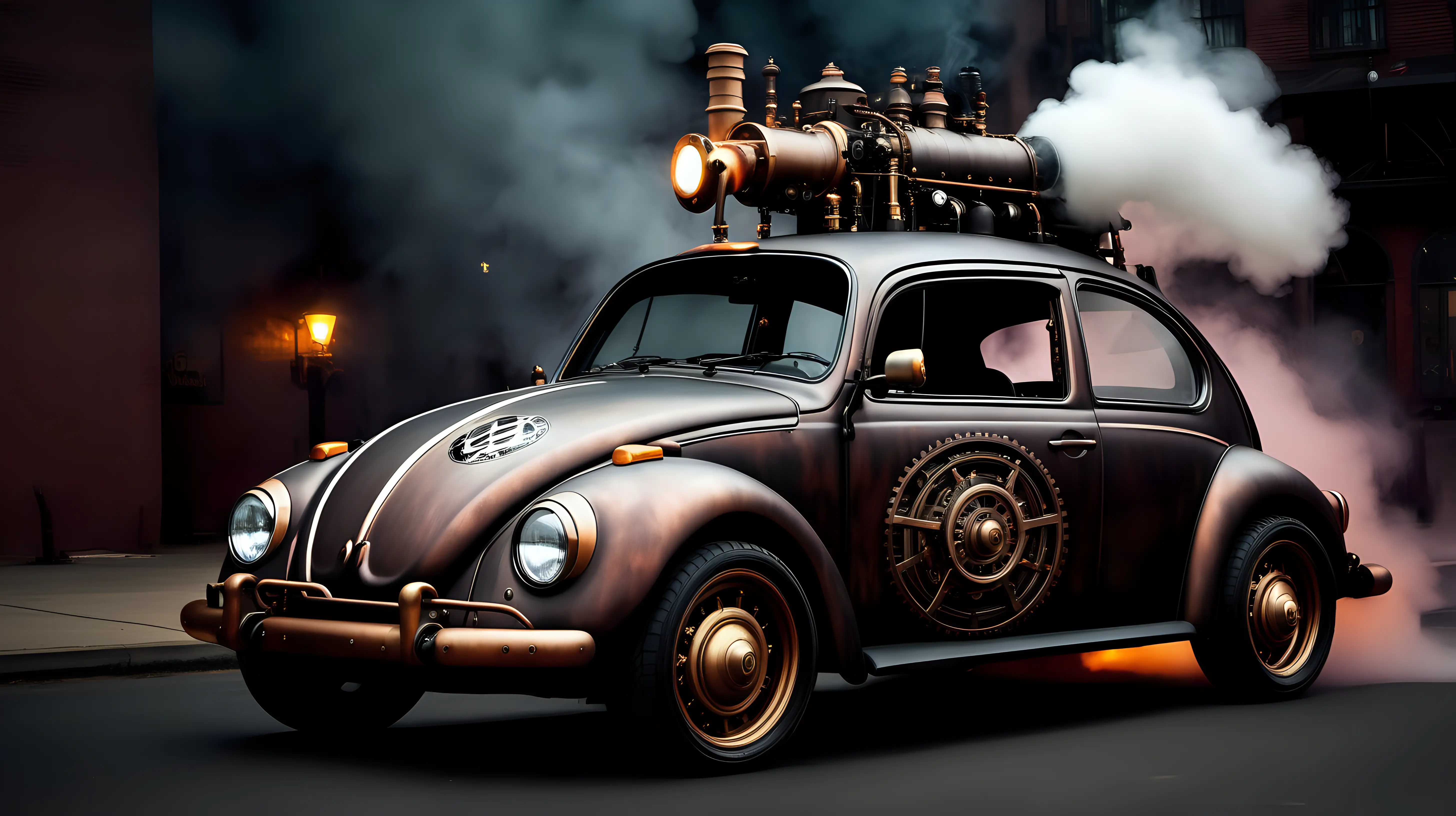 Steampunk Volkswagen Beetle Emitting Smoke in Dark Cityscape | MUSE AI