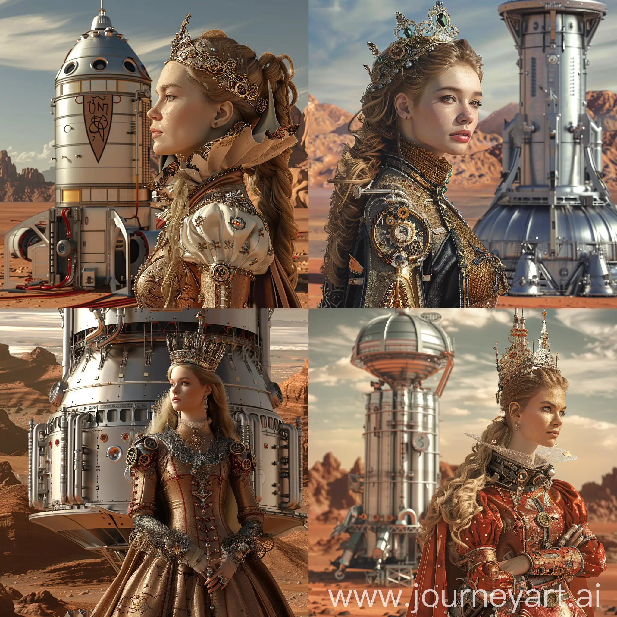 A highly detailed image of a beautiful mediaeval sci fi steampunk Queen infront of silver space station on mars