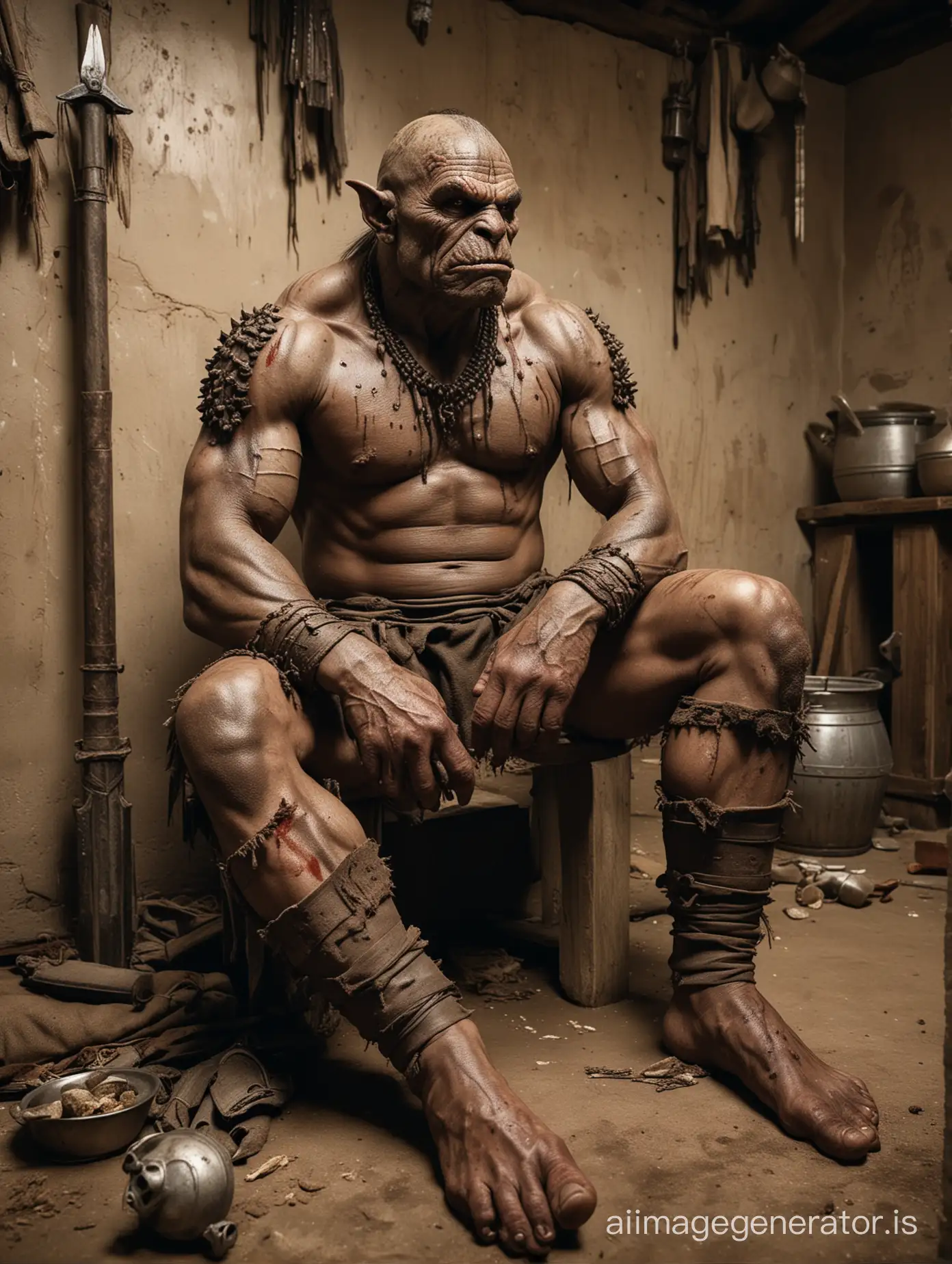 The battle scarred naked orc chieftain,sitting in his hut,  contemplative. Looking down. His body, legs, arms, hands and feet are the same brown-greenish color of his face. One color for all skin. Skin is scarred and very dirty covered with dirt and blood and blood is on it. Armor on the wall. Gritty, dirty. wide angle shot, dramatic lighting
The trophies of his battles on the wall. Food on the dirt floor