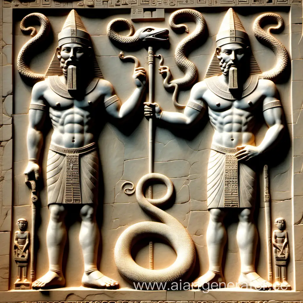 Twins gods in Sumerian relief style, one holding a scepter in hand and the other holding a snake. I mentioned a snake.
