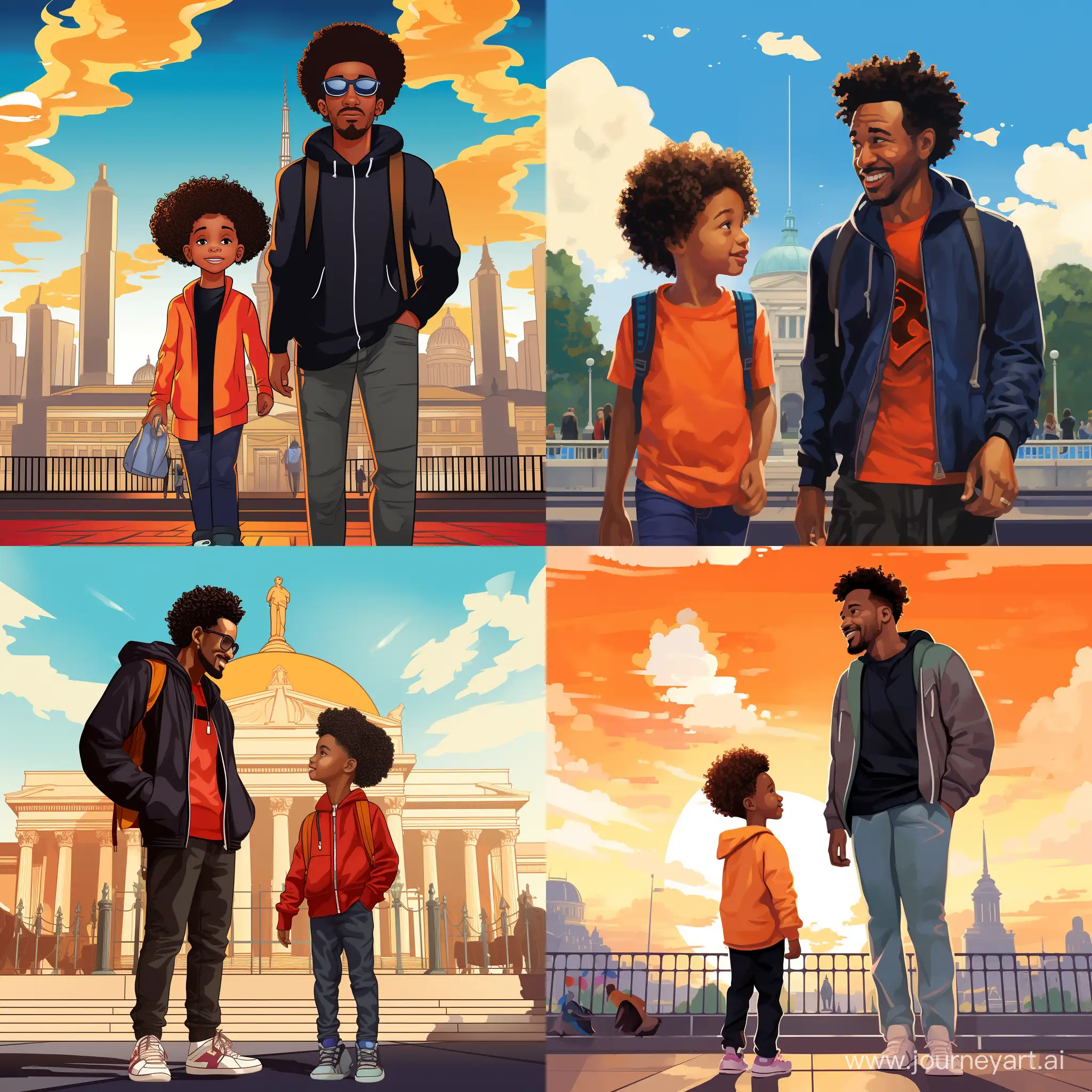 Colourful cartoon style of Black toddler boy with short afro standing with his father outside Trafalgar Square