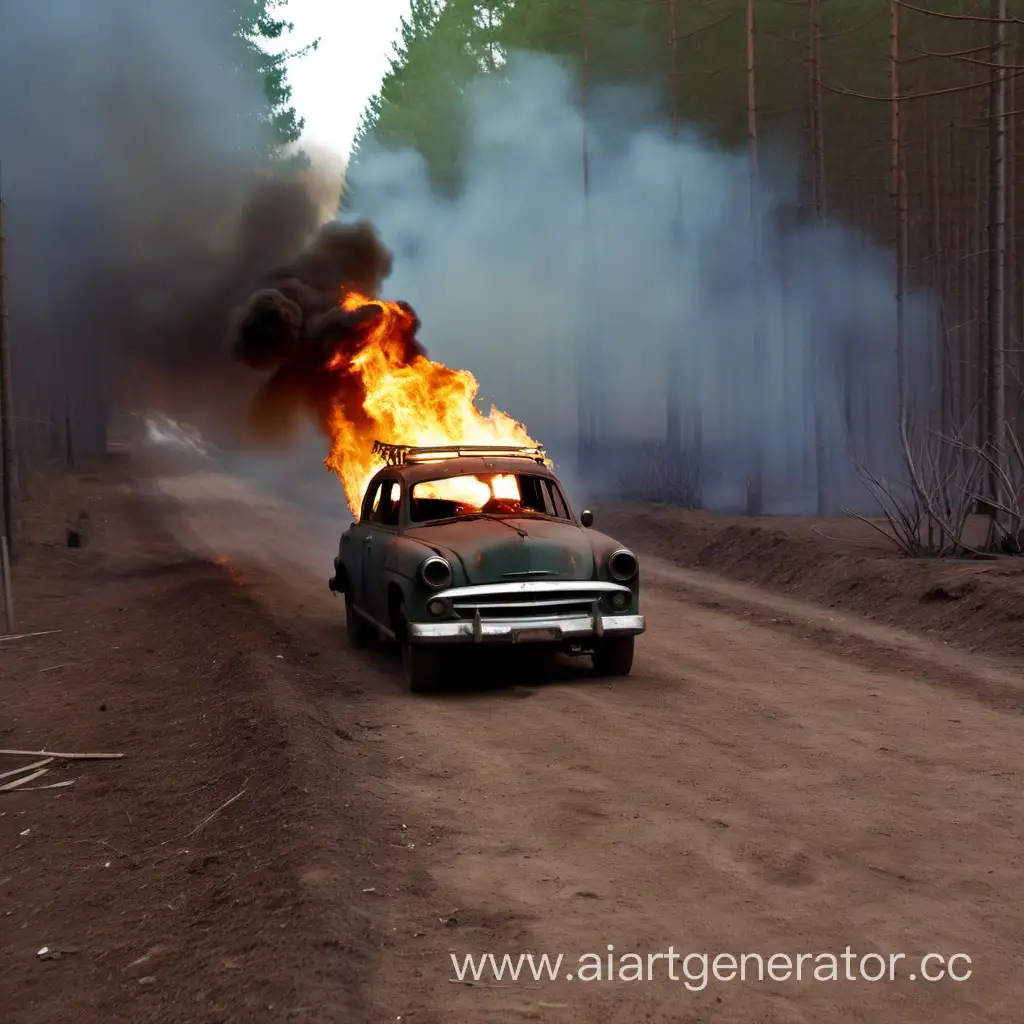 Burning-Old-Car-Driving-Through-Forest-on-Dirt-Road