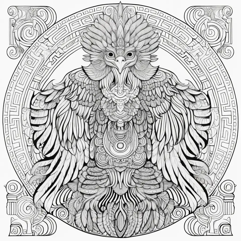 black & white, coloring page, white background, high details, symmetrical mandala, clear lines, quetzacuatl god, in style of Gustav Klimt