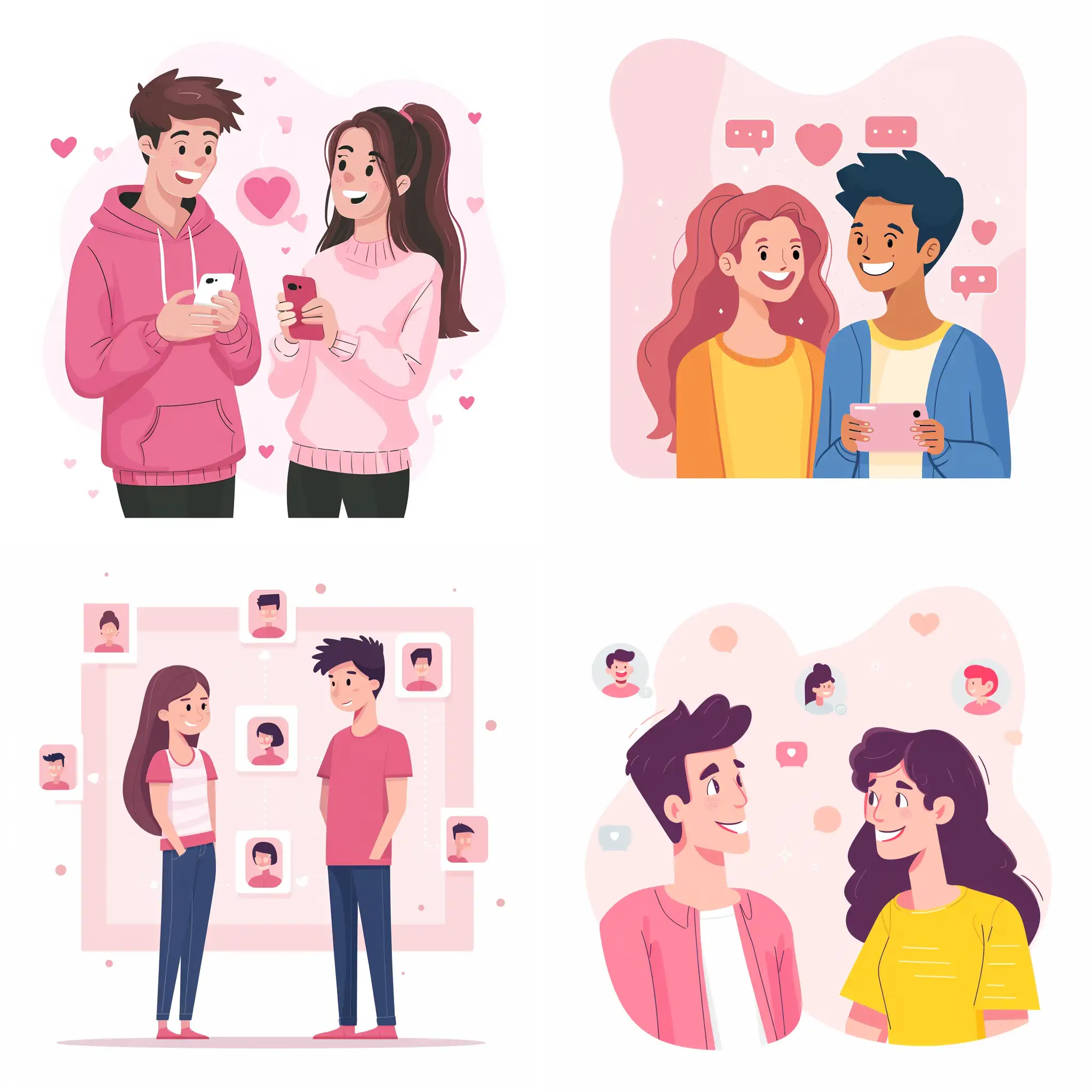 two happy young man and women trying to find new friends for relationship, air full of some user profile pictures but solitude, in pinky vector png format, without any fade background, transparent background 