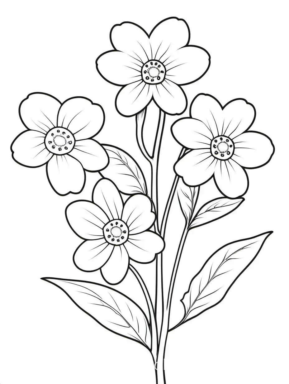 forget-me-not, Coloring Page, black and white, line art, white background, Simplicity, Ample White Space. The background of the coloring page is plain white to make it easy for young children to color within the lines. The outlines of all the subjects are easy to distinguish, making it simple for kids to color without too much difficulty