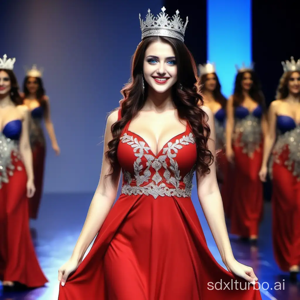 Beautiful Turkish women in Turkish red dress ,blue eyes,beautiful smile beautiful body beautiful face, long hair, Crown on head, 34 size Breast , in fashion show on ramp